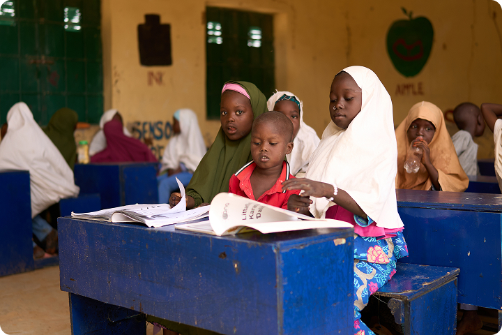 Children wearing hijabs and casual clothes sit at their dark blue wooden desks in a classroom, attentively looking at their open textbooks during a lesson.